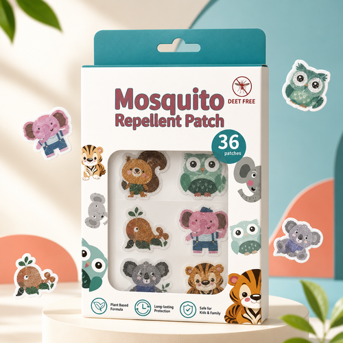 Mosquito Repellent Patch packaging with cartoon animal designs on a light background